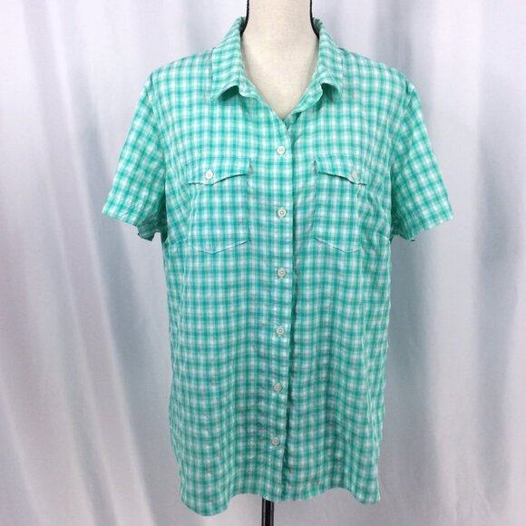 Eddie Bauer Top Womens Size 2XL Short Sleeve Button Down Green Plaid Travel - Picture 1 of 7